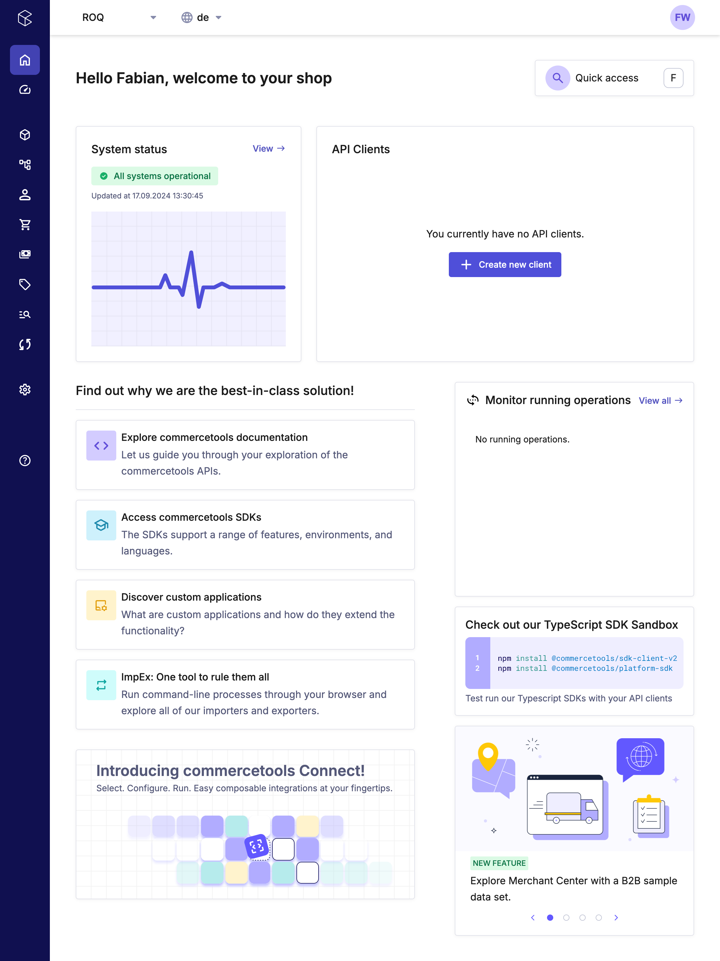 Commercetools Merchant Center dashboard